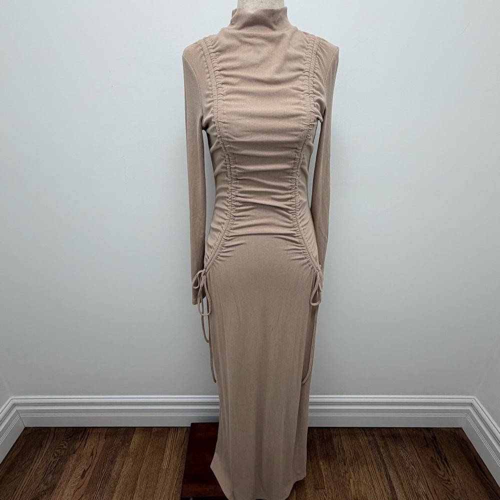 Zahraa The Label Ruched Tie Ribbed Beige Maxi Dress Size Medium - Picture 2 of 14